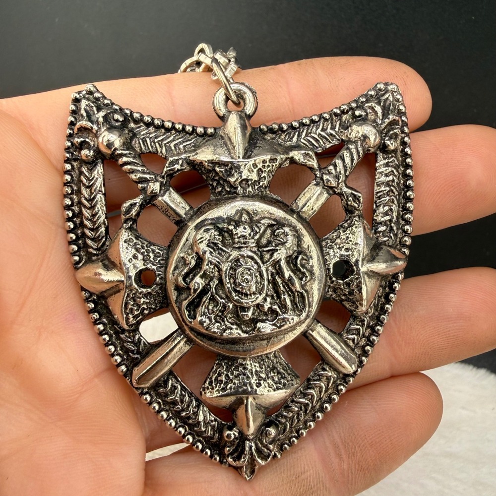 Vintage Heraldic Shield Necklace Silver Tone Coat of Arms Sword Axe Pendant 17"